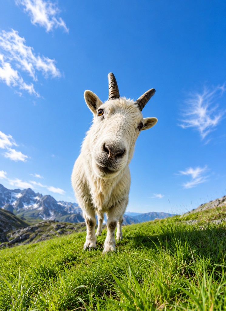 A mountain goat looking into the camera